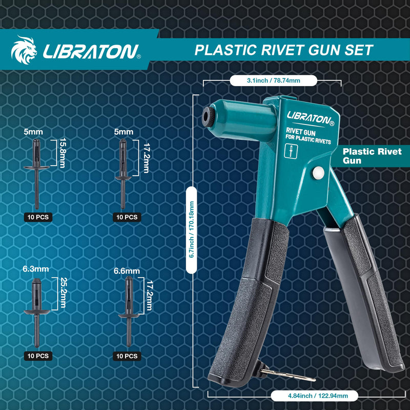LIBRATON Plastic Rivet Gun Kit, 90 Degree Angle Hand Riveter with 40 Nylon Rivets (4 Sizes), Universal Nosepiece for Automotive/Electronics, Ergonomic & 50% Lighter Force