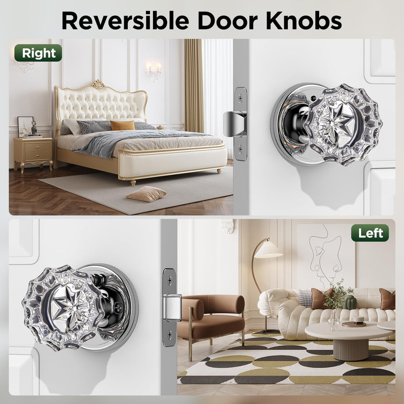 1 Pack Crystal Door Knob, Rosette Shaped Glass Door Knobs Interior with Lock, Polished Chrome Door Knobs Interior Glass 1