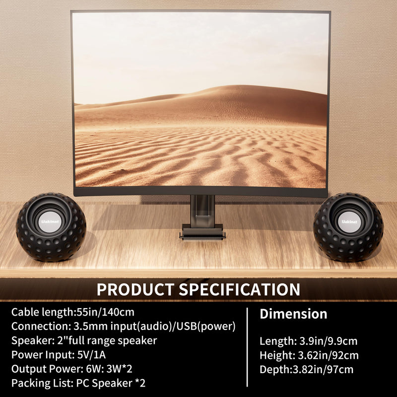 Uakinat 2.0 Computer Speaker, Black, USB Powered, 3.5mm Audio Input, Volume Control, Golf Style, Pair Pack, PC or Laptop