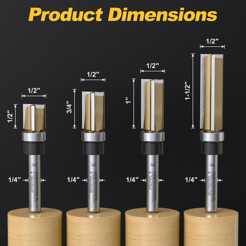 Professional Pattern Flush Trim Router Bits Set, 1/4" Shank Bottom Bearing, 3-Blade Carbide Tipped Woodworking Router Bits for Precision Edge Trimming, Cutting Length: 1/2", 3/4", 1", 1-1/2" 4PCS