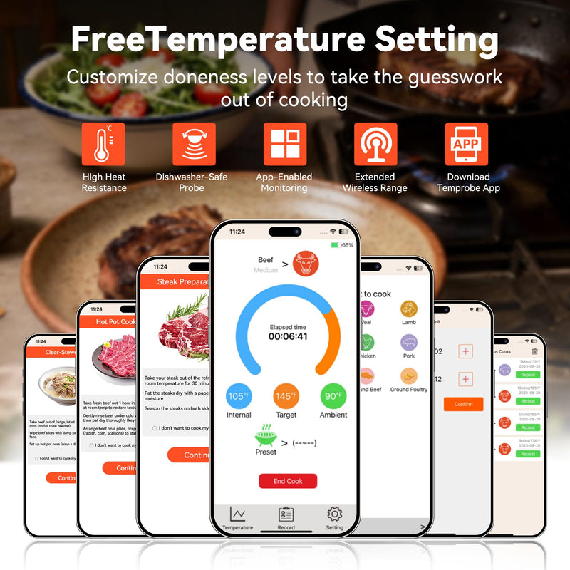 TechRise Bluetooth Wireless Meat Thermometer with APP, Wireless BBQ Grill Thermometer for Oven,Smoker,Air Fryer,Kitchen Cooking,Instant Read Digital Probe with Alarm, Long Range,Rechargeable,Black Black
