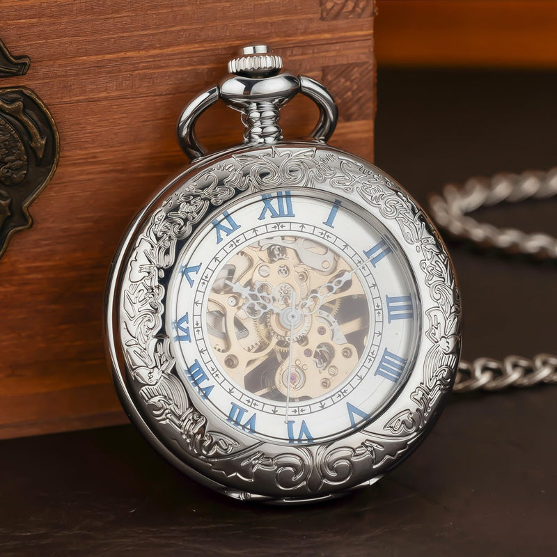 Mechanical Pocket Watch, for Men Women Special Magnifier Half Hunter Engraved Case Roman Numerals with Chain Ab. Silver Blue