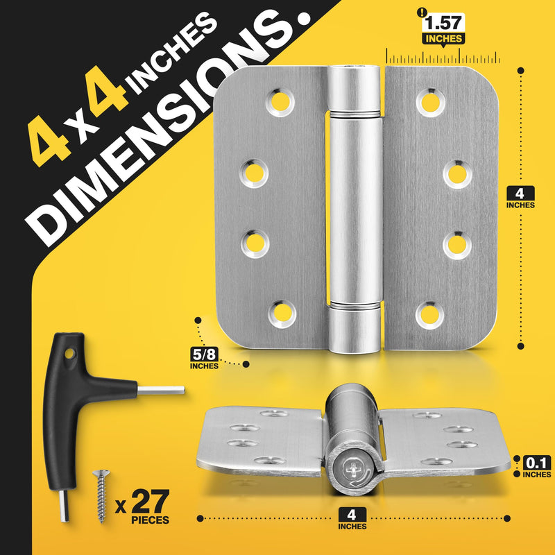 KOLET Self Closing Door Hinges, 4 x 4 Inches Door Hinges with Auto Close, 5/8" Radius Corners Spring Hinges, Heavy Duty Stainless Steel, Long-Lasting, Brushed Nickel, 3 Pack