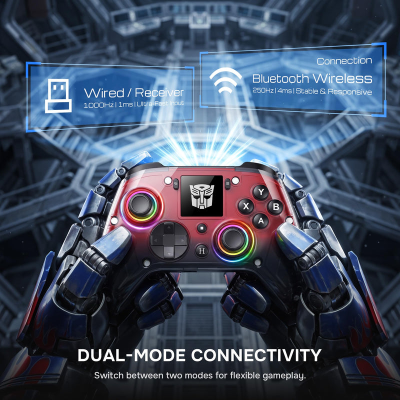 Transformers Officially Licensed Wireless Gaming Controller with Interactive Screen, 1000Hz Polling Rate, Hall Joysticks & Triggers, 4 Programmable Buttons, Compatible with PC, Switch 1, PS4, iOS, Android, Red