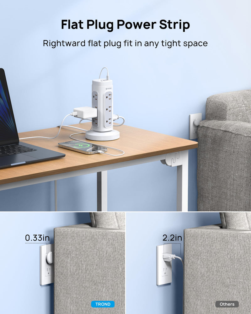 TROND Flat Plug Power Strip Tower - 5ft Retractable Extension Cord with Multiple Outlets, Surge Protector Power Strip with USB C PD 20W, 1700J Surge Protection, Office Desk Supplies, Dorm Essentials 5 FT Retractable Cord