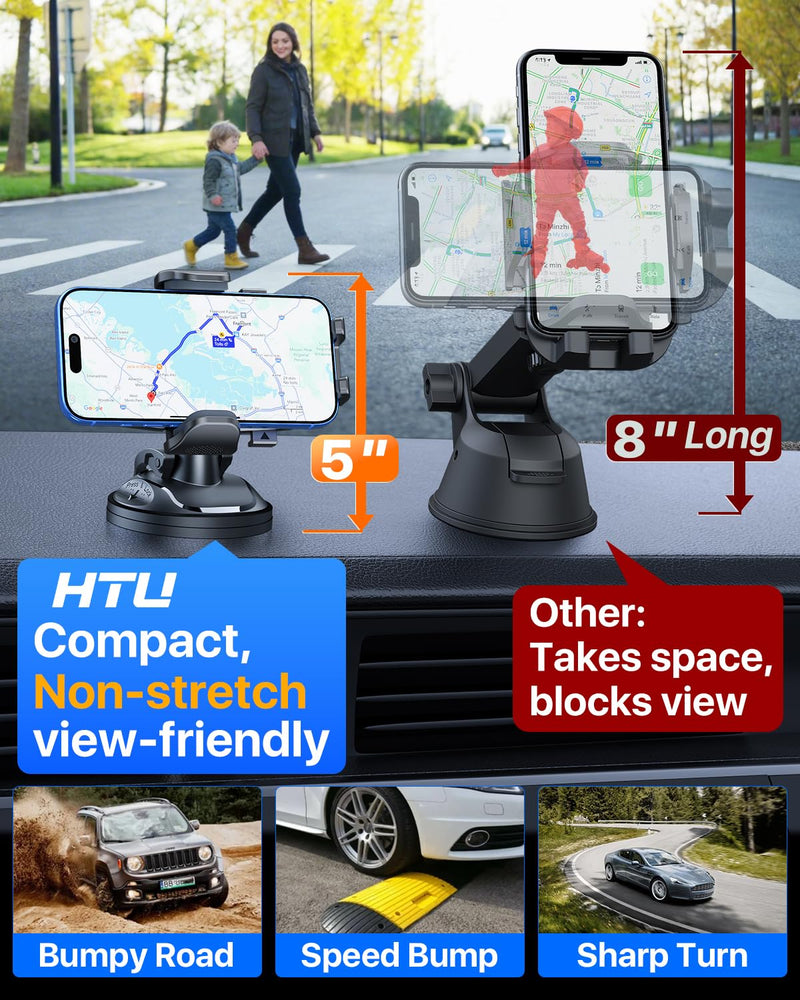 2026 Latest Upgrade Military-Grade Anti-Shake 90+LBS Car Phone Holder | Strong Suction 360° Rotating Short Fixed Arm Cellphone Mount Dash Windshield Vent Cradle for iPhone 17 16 Pro Max Deep Black
