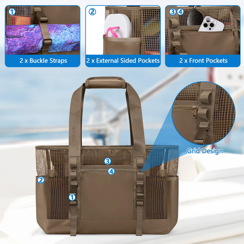 Yarwo Boat Gear Tote Bag, 35.5L Waterproof Boat Accessories Organizer with Marine-grade Coated Mesh and Wet Dry Pockets Brown
