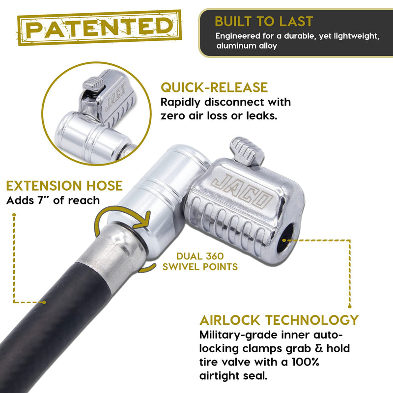 JACO Lightning L2X Quick-Connect Tire Inflator Air Chuck Extension (Locking Adapter) | Patented Lock-on Compressor Hose Attachment (Open Flow) 90 Degree Head