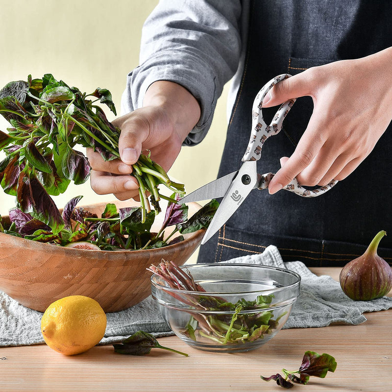 Linoroso Kitchen Scissors Heavy Duty Kitchen Shears with Magnetic Holder Made with Japanese Steel 4034, Multipurpose Ultra Sharp Cooking Scissors for Meat/Vegetables/BBQ/Herbs/Pizza (Graphic,Cow) White/Cow