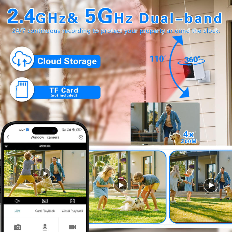 Swingers 3MP 2K Window Camera,2.4GHz & WiFi Indoor Cameras for Home Security with Phone app,Person & Motion Detection,Night Vision,Easy & Quick Install (2 Pack) White 2 PACK
