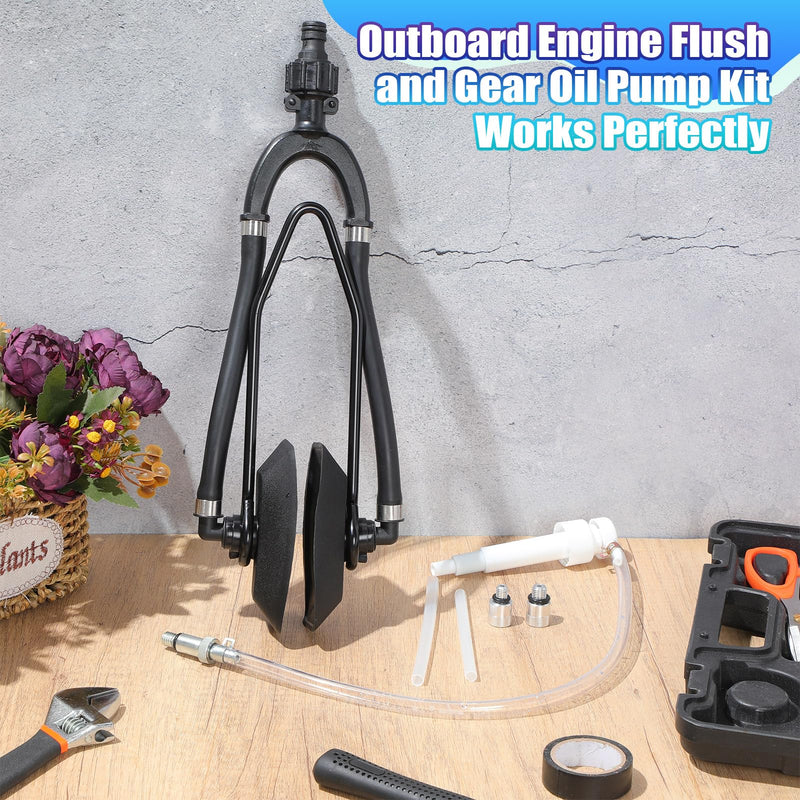 Threlaco 2 Pcs Summer Outboard Motor Flusher and Lower Unit Gear Oil Pump Set Dual Water Feed Boat Engine Motor Flusher Fluid Pump for Quart Bottles Adapters Fit Most Marine Boat Outboard Motors