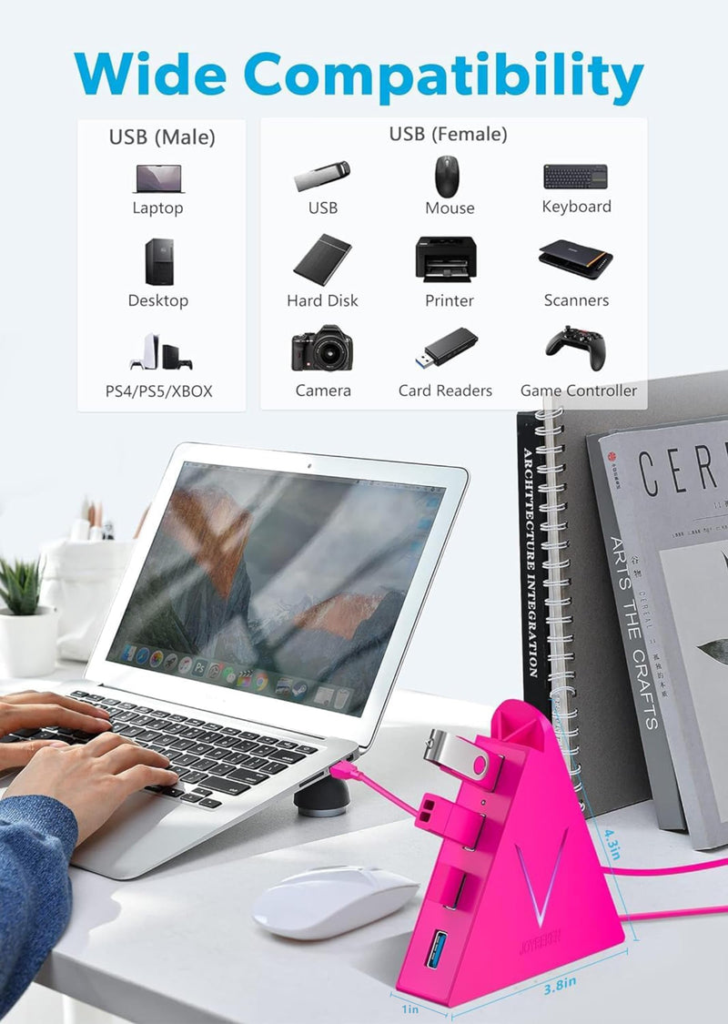 USB Hub 3.0, JoyReken 4-Port USB Splitter for Laptop, Ps4 Keyboard and Mouse Adapter Compatible with Xbox, PC, MacBook, Surface Pro, Flash Drive, HDD, Console, Printer, Camera,Keyborad,Mouse, Hot Pink 2ft Hot Pink USB A HUb