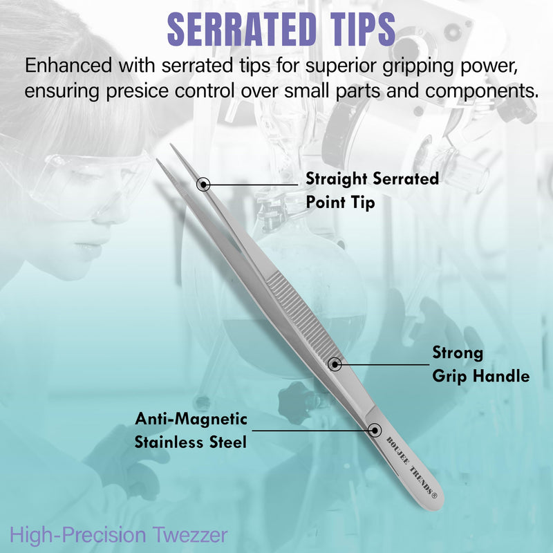 Stainless Steel High Precision Dressing Tweezers Forceps with Fine Strong Straight Serrated Point to use Engineer Labware for Scientific Art Craft Multipurpose Use (6 Inch) 6 Inch