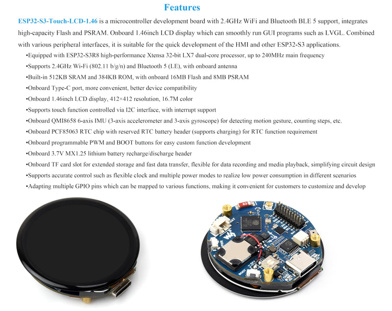 ESP32-S3 1.46inch Round Touch Display Development Board, IPS Display Panel, 412×412 Pixel, Accelerometer and Gyroscope Sensor, Onboard Speaker and Microphone, ESP32 with Display, with Cover Glass