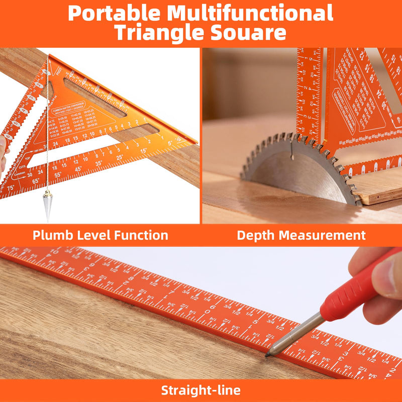 2pcs Rafter Square, 12-inch & 7-inch Carpenter Sqaure Set withWoodworking Pencil, Carpenter Measuring Layout Tool,Aluminum Alloy Triangle Ruler for Woodworking- Imperial 7+12 inch