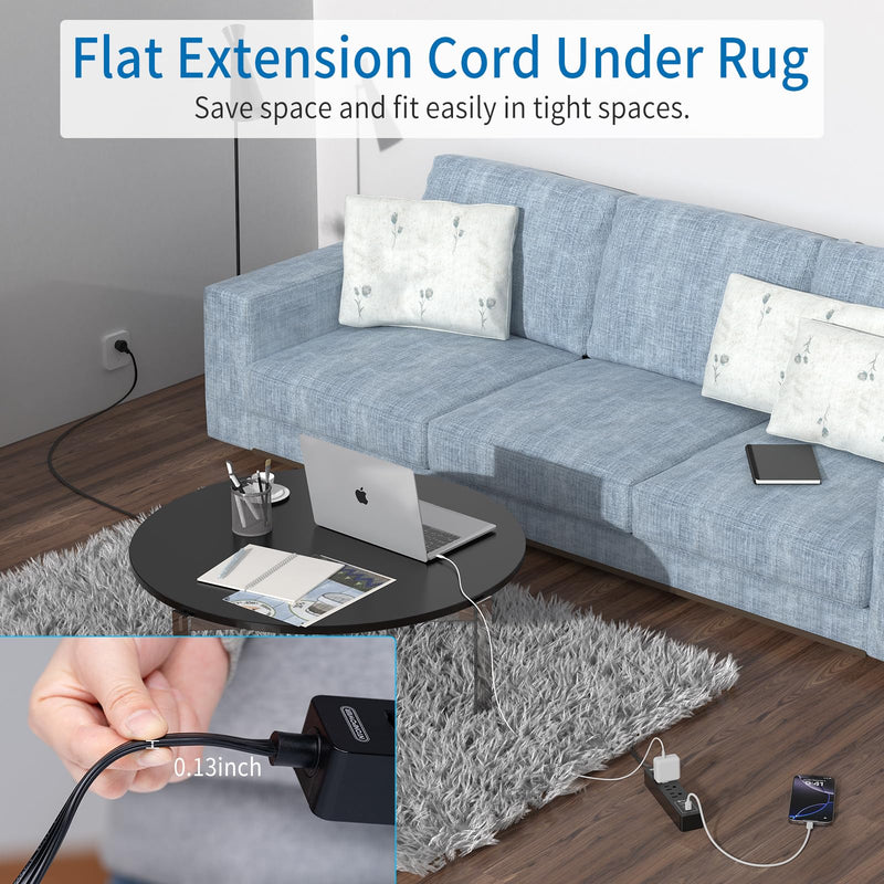 Flat Plug Extension Cord 25 Ft, NTONPOWER Ultra Thin Flat Extension Cord Under Carpet, Rug, Door, 3 Outlets Power Strip with 3 USB (1USB-C), Wall Mount,Overload Protection for Home Office, Black