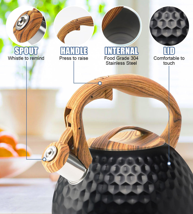 Tea Kettle Stovetop, 3.2 Qt Stainless Steel Whistling Kettle for Stove Top, Food Grade Teapot with Wood Pattern Handle for Coffee, Milk etc, Gas Electric Applicable (Black) Black