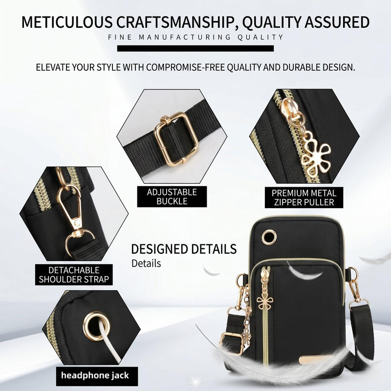 Soft Crossbody Bag Lightweight Zipper Closure Fashionable Vertical Design For Travel And Daily Use Mobile Phone Holder Black