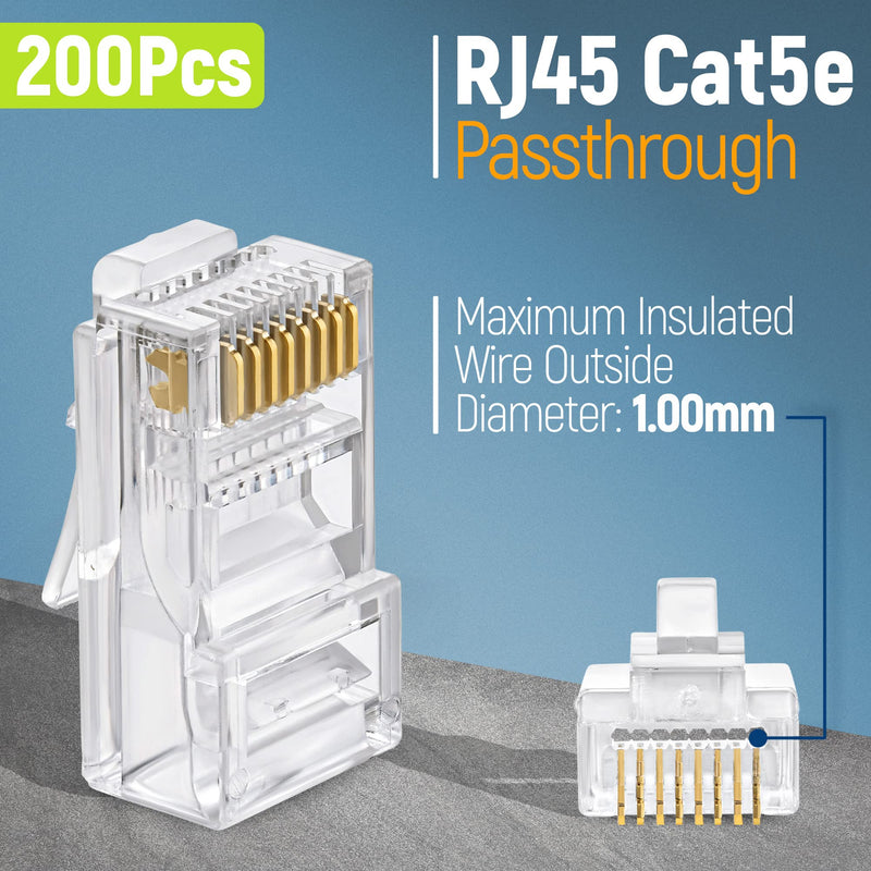 Everest Cat5e RJ45 Pass Through Connector 200-Pack - EZ Cat 5e Pass Through RJ45 Connectors - Cat 5e Connectors - Ethernet Connector, Ethernet Plug - for Solid or Stranded UTP Network Cable Quantity 200