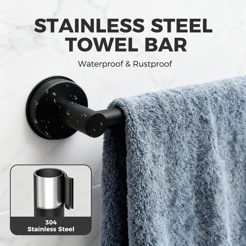 Adjustable Suction Cup Towel Bar for Bathroom Wall,14.6Inch~24 Inch Towel Racks for Bathroom,Stainless Steel Bath Towel Holder for Shower(Matte Black) Black-1pc 14.6-24"