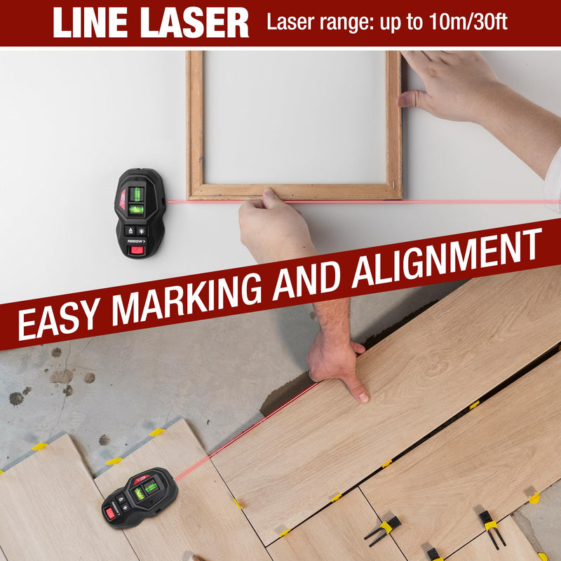 ARROW 2-in-1 Laser Level with Magnetic Stud Finder, Rechargeable Wall Scanner for Wood & Metal, Cross Line Laser with Bubble Vials for Accurate Markings, Ideal for Hanging Frames & Pictures