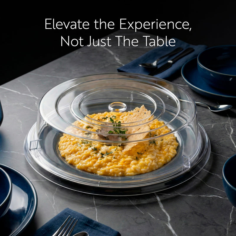 Restaurantware Cater Tek 11 Inch Polycarbonate Plate Cover 1 Shatterproof Dish Cover - Microwavable Endures Up To 210F Clear Plastic Splatter Cover With Finger Hole For 11 Inch Plates 1 Count 11"