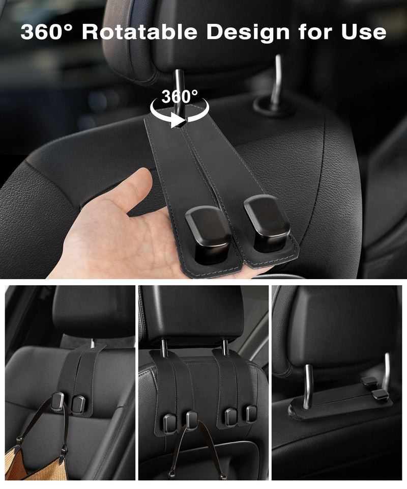 Car Hooks for Headrest, 2PCS Car Purse Hooks Luxurious leather 100% Metal Car Hangers for Seat Multifunctional Car Bag Hook Car Seat Back Storage Hook Accessories (Black) BLACK 2Pack
