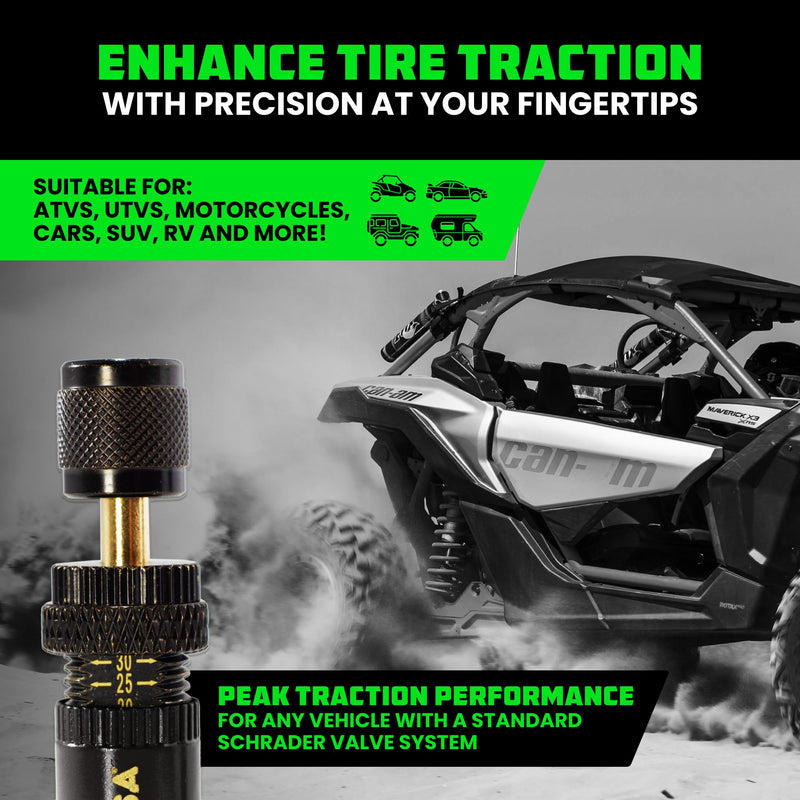 Rhino USA Adjustable Tire Deflator Kit (10-30 PSI) Ultimate Screw-on Automatic Tire Deflators for Offroad - Quick & Easy Air Down System for The Trails - Best Jeep Off Road Accessories (4-Pack) -Black Black