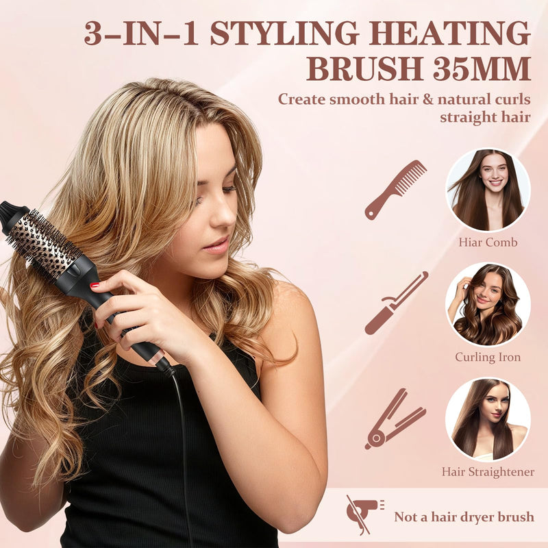 Thermal Brush 38 mm, Ionic Thermal Brush Round Brush for Volume, Curls, Ceramic Heating Brush with 5 Temperature Levels, Curling Brush for Voluminous & Curly Hair, 30s Quick Heating (Black)