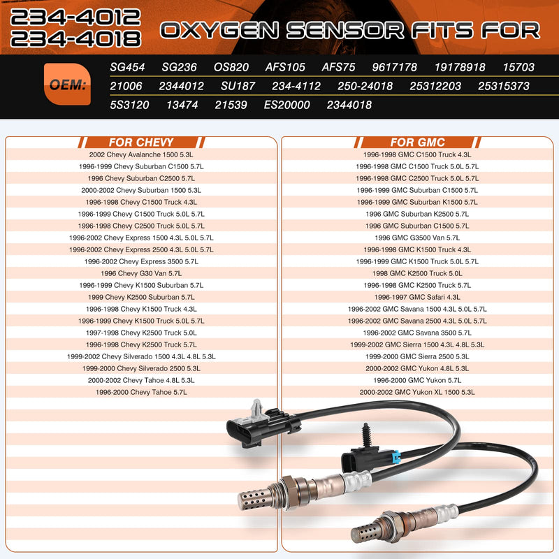 234-4012 234-4018 Oxygen Sensor O2 Sensor Compatiable with Chevy Silverado 1500 Tahoe Suburban Express 1500 Suburban, GMC Yukon XL Sierra Cadillac Escalade 2344012 SU187 250-24018 4 Pack