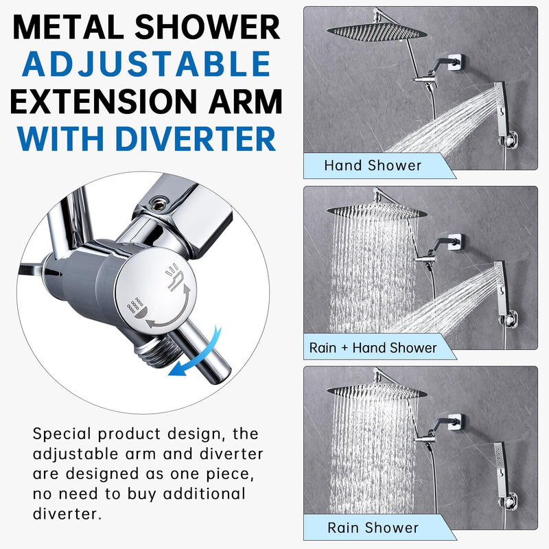 G-Promise Metal 13 Inch Shower Head Extension Arm with Diverter, Handheld Holder Included, G1/2 Universal Thread Rain Shower Arm, Brass Adjustable Extender with 3-Way Diverter, Chrome