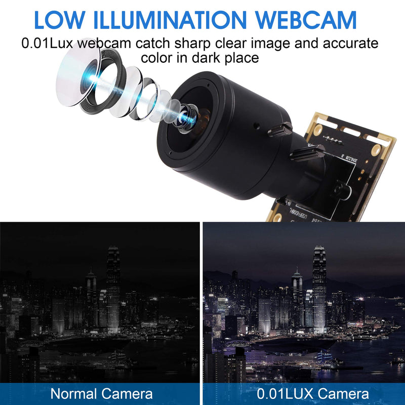 1080P USB Camera Module, 0.01Lux Low Light Camera with 2.8-12mm Varifocal Lens H.264 2MP CMOS IMX323 UVC Industrial Webcam Board for Window Linux Android Mac OS