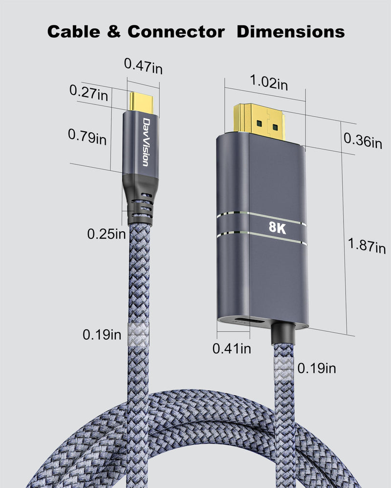 USB C to HDMI Cable with 240W PD Fast Charging, 8K@60HZ,4K@120Hz,Thunderbolt 5/4/3 Compatible,Upgraded Braided 2-in-1 Type C to HDMI for MacBook, iPhone17/16/15,iPad,HDTV(3.3FT,Grey) 3.3FT