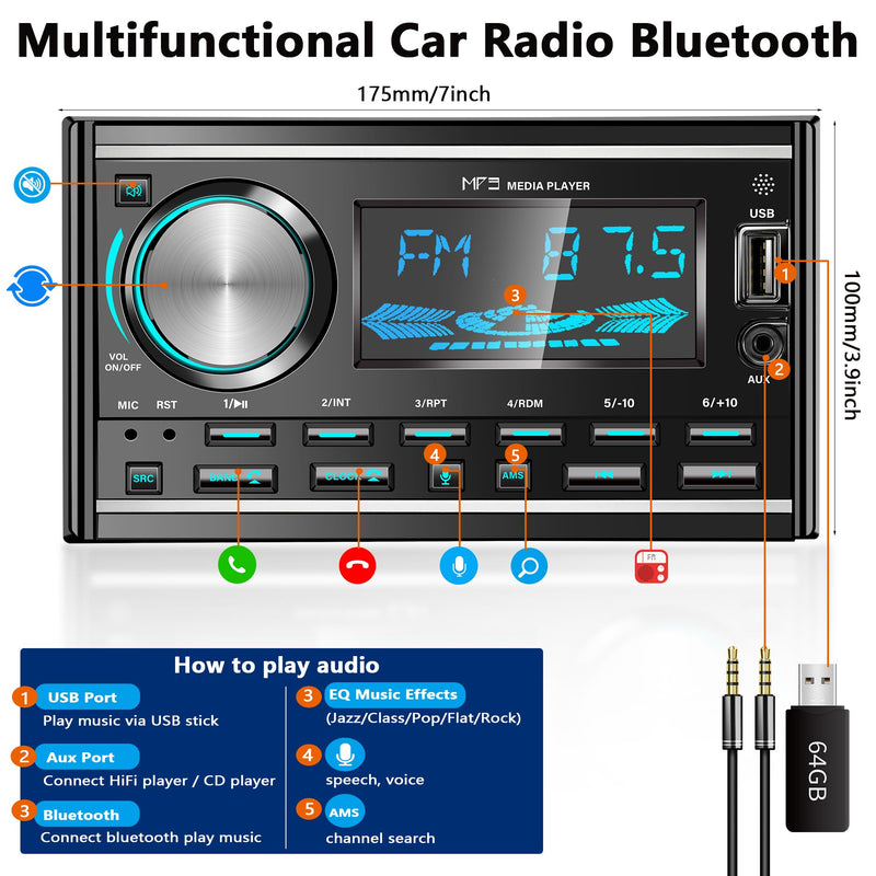 LSLYA Double Din Car Stereo with Bluetooth, FM Radio, USB/AUX, No CD Player | 2 Din Car Radio Retro with App Control, USB/AUX, Voice Assistant, 7-Color Backlight, Remote Control, USB Port & AUX Input Black