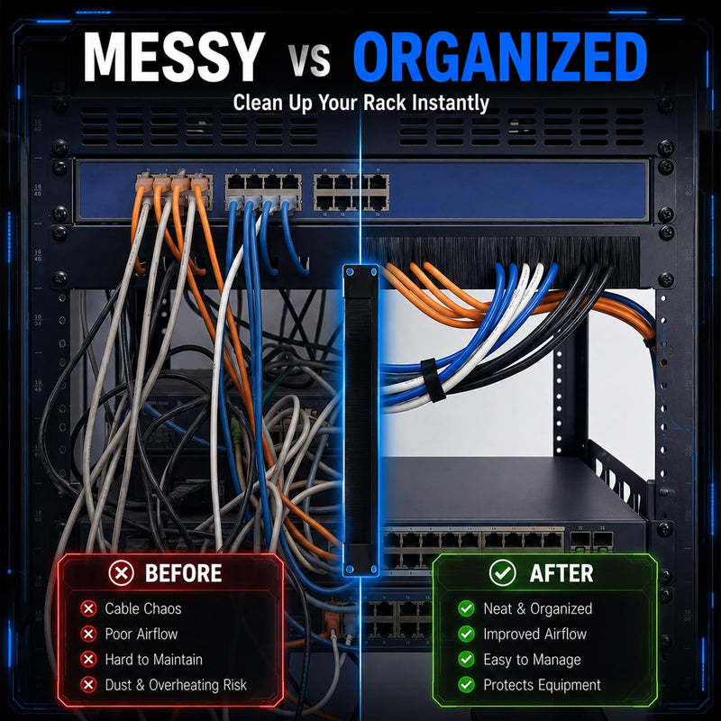 Zonon 2 Pack 1u Brush Strip Cable Management Panel, 19-inch Rack Mount Pass-Through Organizer for Server Racks/enclosures, Airflow Management & Dust Seal, Cold Rolled Steel, Black