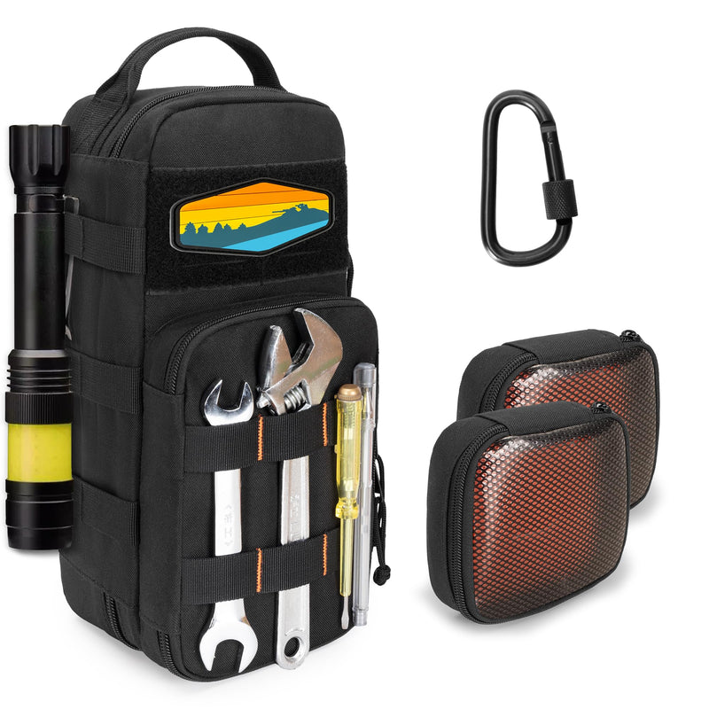 Rexmica Heavy Duty Small Tool Bag Storage with 2 Zipper Pouches, Multi-functional Tactical Molle Tool Organizer Case with Locking Carabiner for Camping, Road Trip, Electricians, EDC, Multimeter Case