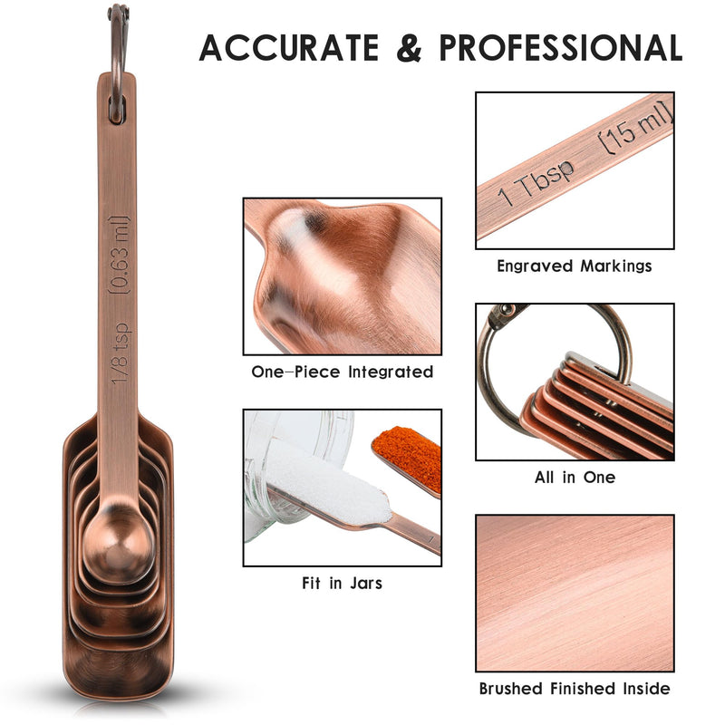 Copper Measuring Cups and Spoons Set 14, Stainless Steel Measuring Cups and Spoons set for Kitchen & Baking, 7 US & Metric Measure Cups & 6 Long Handle Spice Measuring spoons & 1 leveler Copper