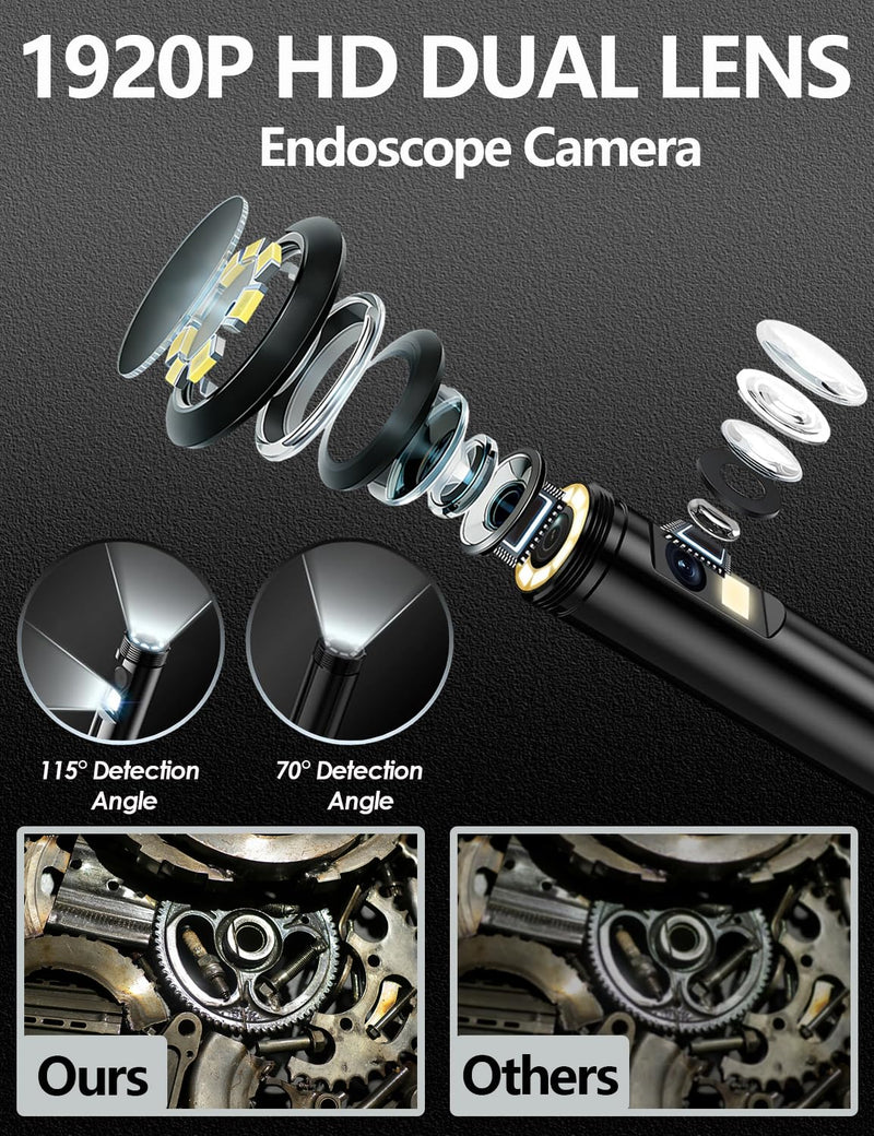Dual-Lens Endoscope Camera with Light, 1920P HD Borescope with 8 Adjustable LEDs, 16.4FT Semi-Rigid Snake Cord, IP68 Waterproof Inspection Tool for iOS, Android, Automotive, Plumbing, HVAC (7.9mm)