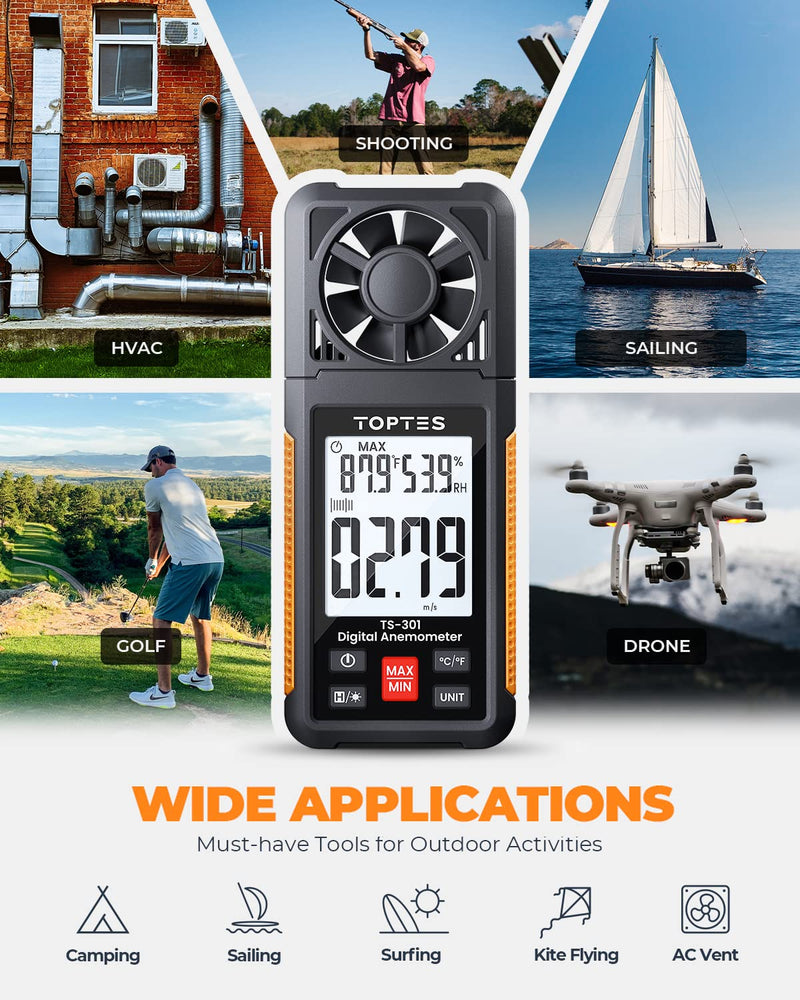 TopTes TS-301 Digital Anemometer, Wind Speed Meter with 2.26-inch Big Backlight LCD Screen, Air Flow Meter for Sailing Surfing Drone Flying RC Plane Golf Shooting HVAC Orange