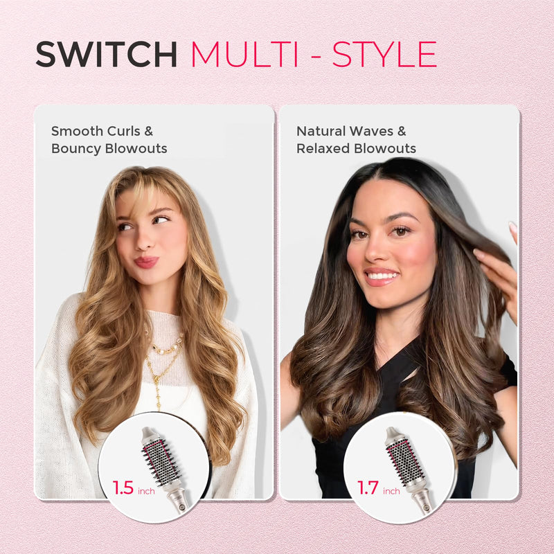 TYMO STYLUX Thermal Brush - Heated Round Curling Brush, Blowout Volumizer with Flexi-Fit Tech for Hair Styling, Curling Styler Tool, Hair Straightener and Curler 2 in 1, Dual Voltage, Gold, 1.5 Inch