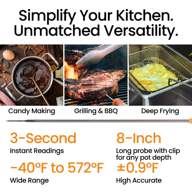 AI Bluetooth Candy & Meat Thermometer with 20+ Presets, Smart Alerts via App (Type-C Rechargeable) Digital Instant Reading for Candy Making, BBQ, Deep Frying, & Liquids, 8" Long Probe,CT180-BT Bluetooth VER