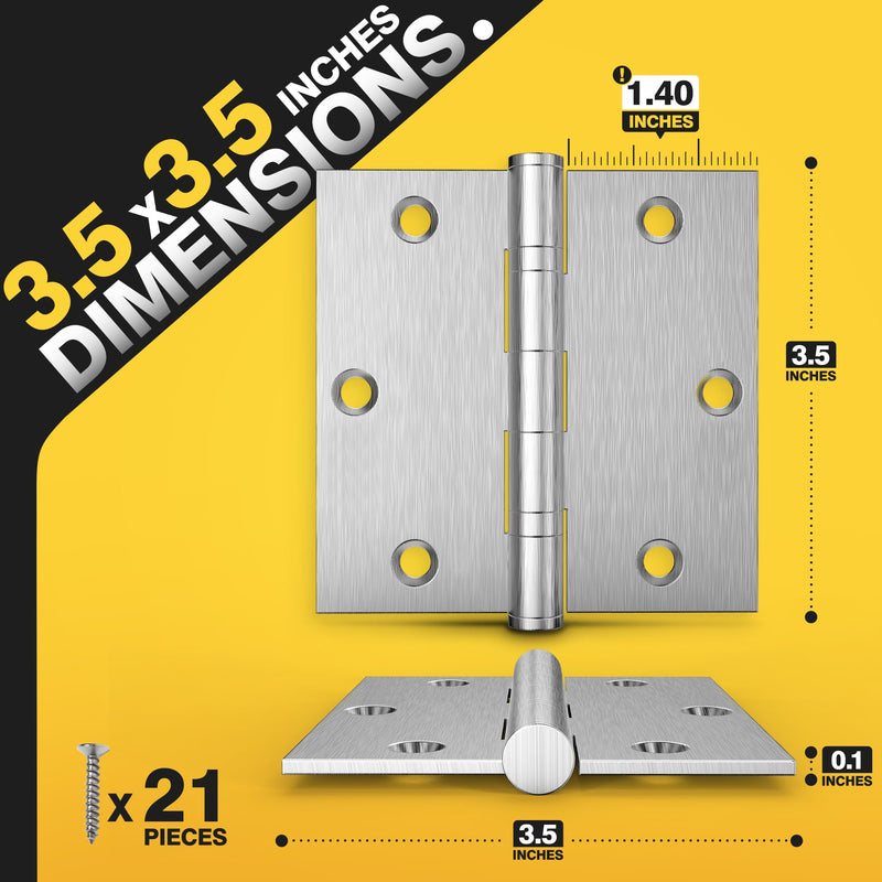 KOLET Ball Bearing Door Hinges, 3.5 x 3.5 Inches Door Hinges, Square Corner Heavy Duty Hinges, Stainless Steel Hinges, No Squeak and Non Removable Pin, Brushed Nickel, 3 Pack Silver