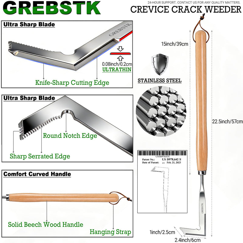 GREBSTK Crack Weeder Crevice Weeding Manual Stainless Steel Gardening Tool | L-shaped blade, razor-sharp hardened, rust-resistant, comfortable handle, 22in, for sidewalk cracks, driveway gaps, edging 22" Crack Weeder