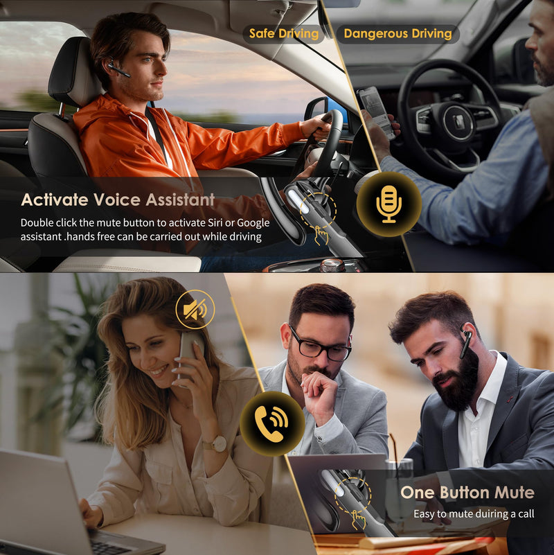 Single Ear Bluetooth Headset, Noise Cancelling, 360° Swivel, Long Battery, Voice Prompt
