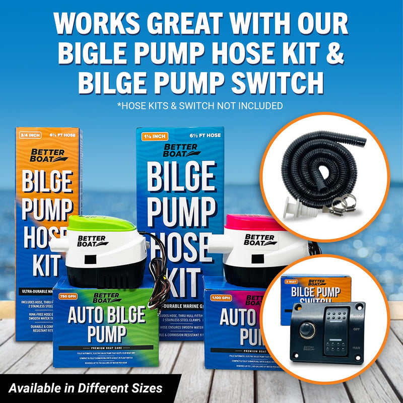 Automatic Bilge Pump 1100 GPH 12V with Built-In Float Switch, 1-1/8 Inch Outlet, 5-Year Warranty, Submersible for Bass Boats, Jon Boats - Better Boat