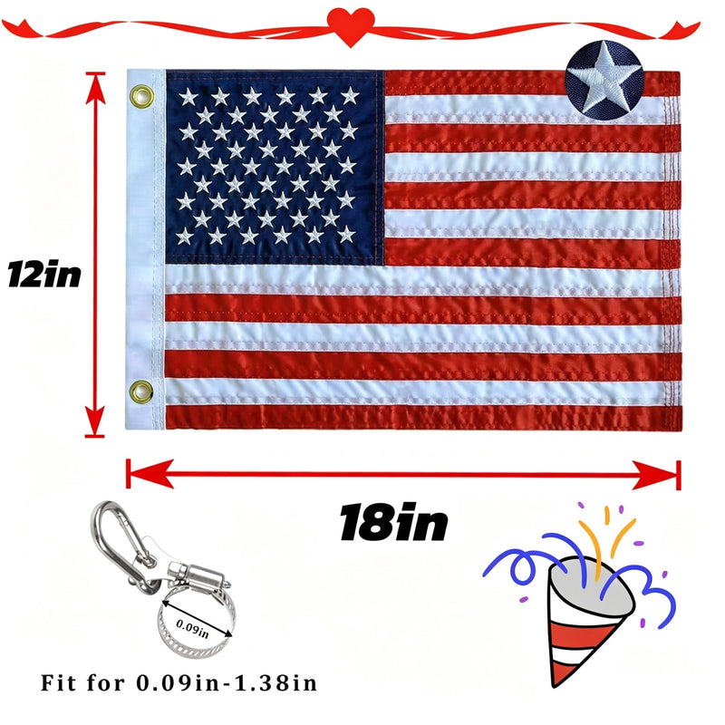 American Flag for Boat Flags marine 12x18 (4 Heavy Duty Clips) with Embroidered Stars American Boat Flag and Brass Grommets US Boats Cabin Flag for Various Boats, Yacht American flag 12x18