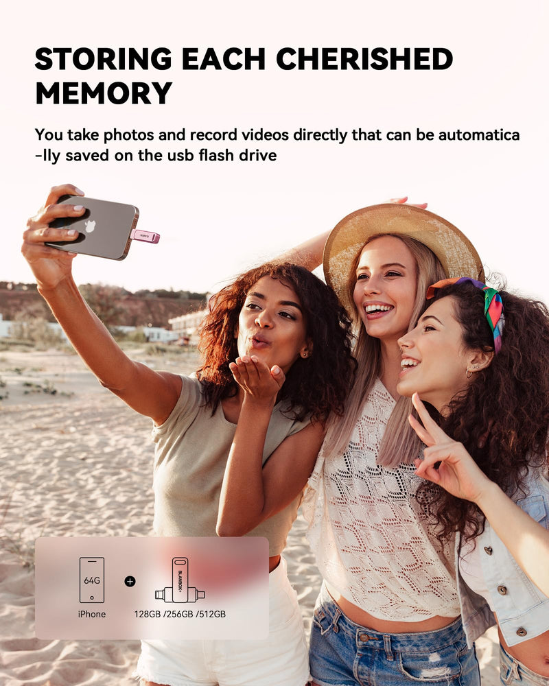MFi Certified 256GB iPhone Photo Stick, High-Speed USB Flash Drive Memory Storage for Video Backup, Compatible for iPhone/iPad/Android/PC (Pink) Pink 256 GB