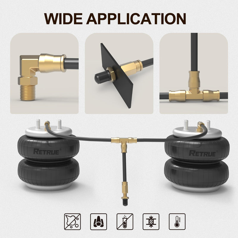 RETRUE Air Line Service Kit for Air Bags Suspension Kit with Brass DOT Air Brake Fittings, 30 FT, 1/4 DOT Air Fittings, 1/4 NPT Elbow Fitting, Schrader Valves & Union Tee