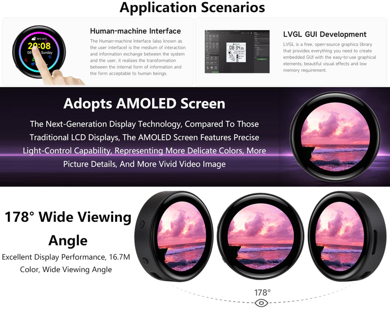 ESP32-S3 1.43inch AMOLED Display Development Board, 466×466 Resolution 16.7M Color QSPI Interface, ESP32 with Capacitive Touch AMOLED Round LCD, Support 2.4 GHz Wi-Fi and Bluetooth 5