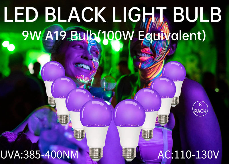 8-Pack LED Black Bulb, A19, UVA 385-400NM, 9W (100W Equivalent), E26 Head, Non-Dimmable, for Halloween Decorations, Glow Parties, Fluorescent Posters 8 Pack